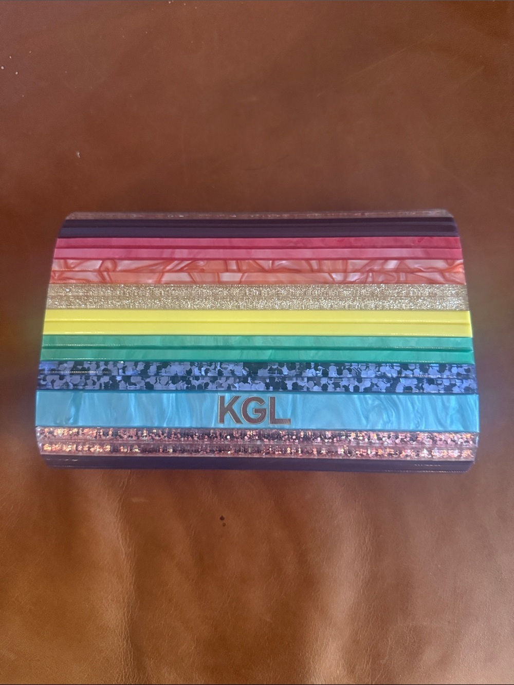 KGL Colorful Rainbow Glitter Striped Acrylic Party Envelope Clutch